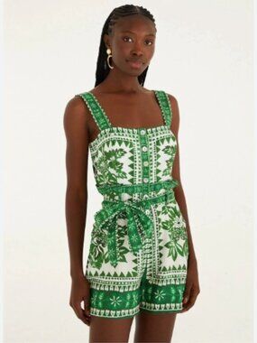 Farm Rio Green/White Flora Tapestry Romper Size Medium NWT